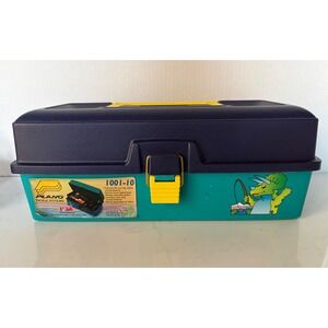 Kids Fishing Tackle Box Teal Navy Blue Dinosaur Triceratops USA Vintage
